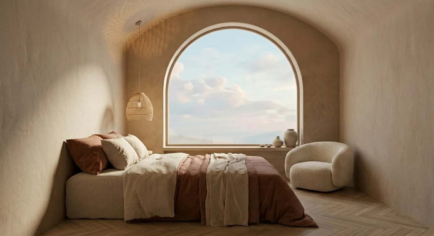 The same bedroom render with a cream boucle armchair added